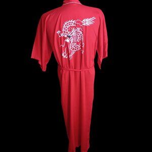Vintage Men's Small Kimono Robe Red Dragon Embroidered 60s Rayon Smoking Jacket